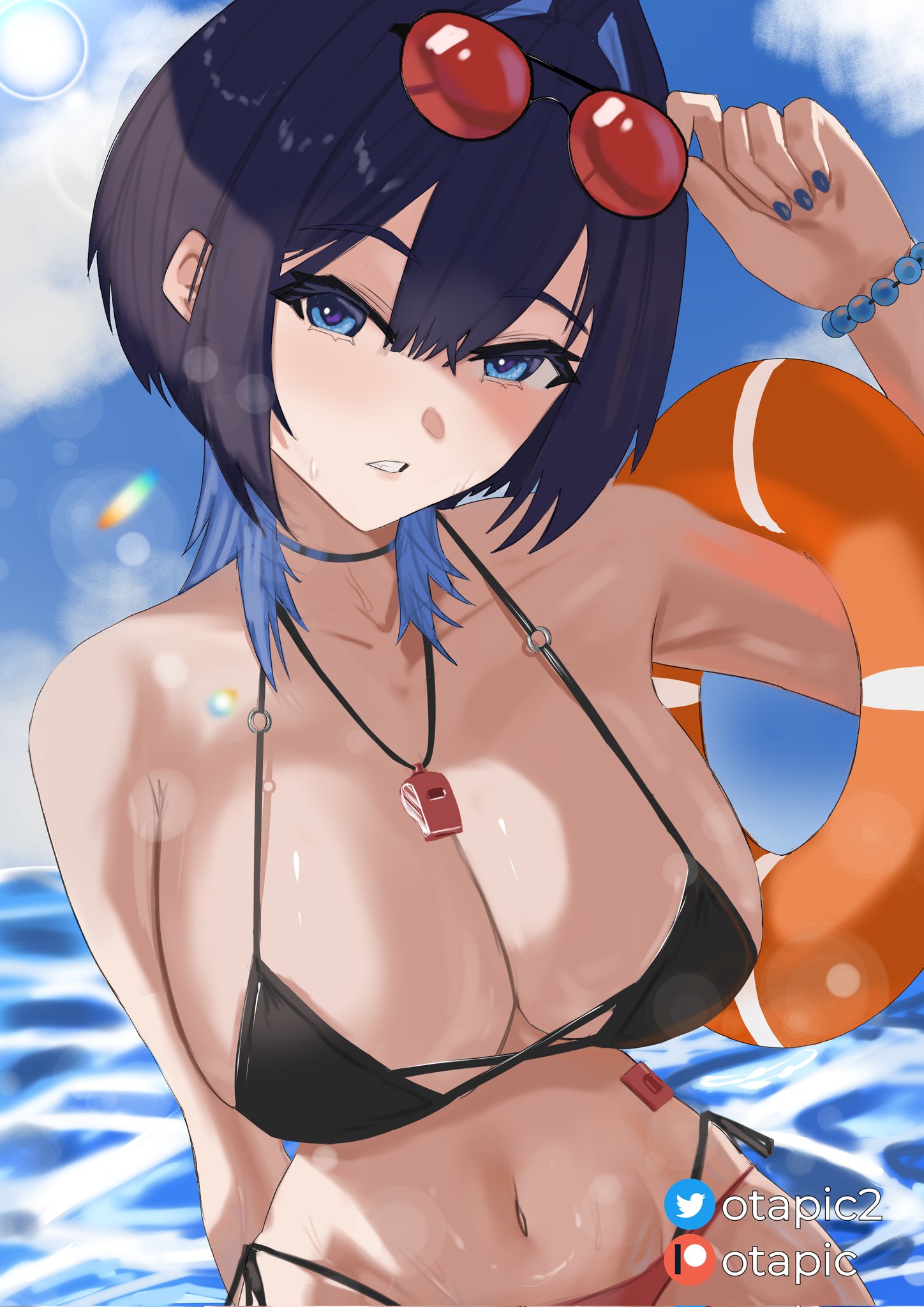otapic, ouro kronii, hololive, hololive english, hashtag-only commentary, highres, 1girl, bead bracelet, beads, bikini, black bikini, black hair, blue eyes, blue hair, blue nails, blue sky, bracelet, breasts, cloud, cloudy sky, day, eyewear on head, hair intakes, jewelry, large breasts, looking at viewer, multicolored hair, navel, ocean, red-tinted eyewear, sky, solo, sunglasses, swimsuit, tinted eyewear, two-tone hair, virtual youtuber, water, whistle, whistle around neck