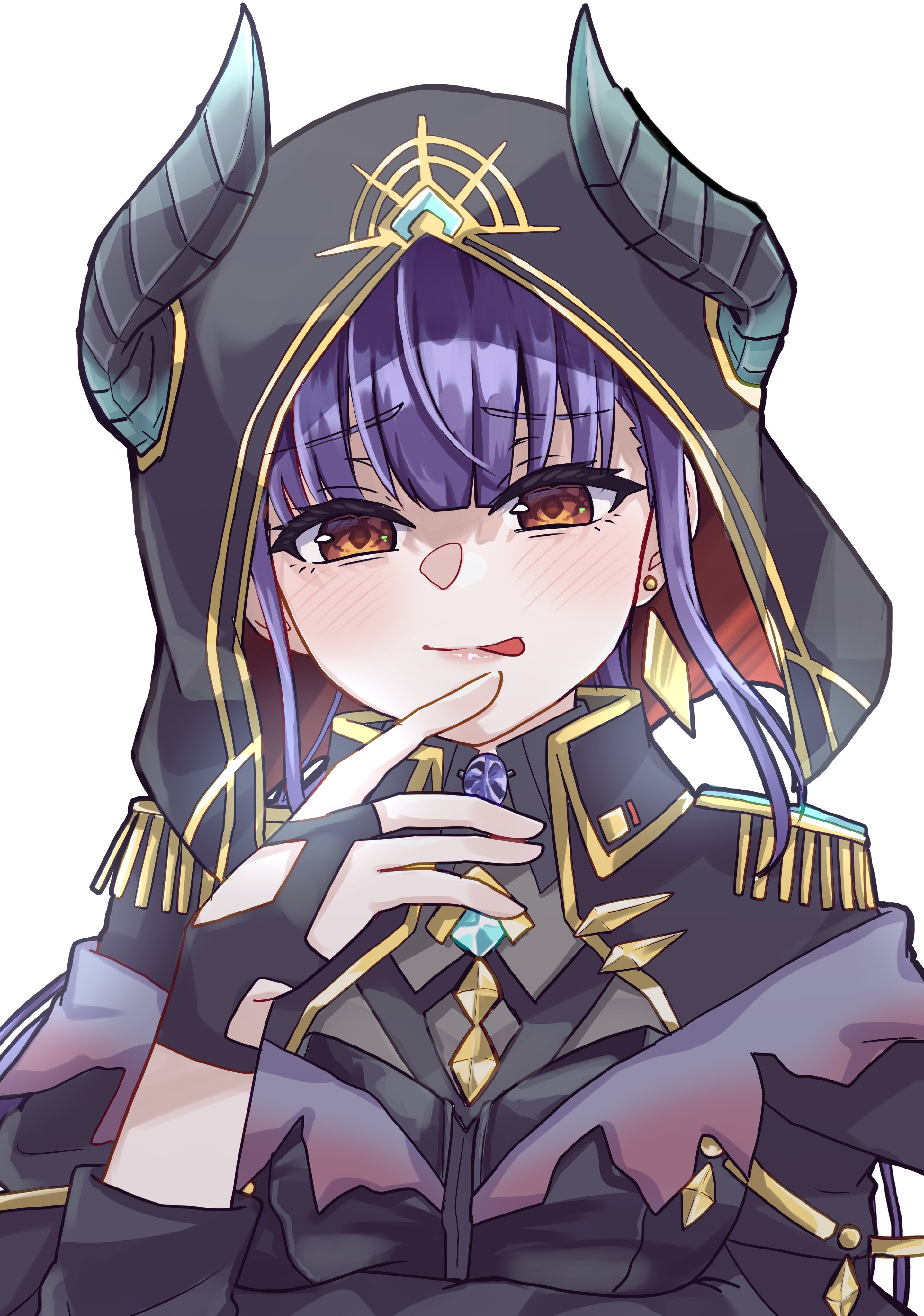 siromochino, satsuki mari, heaven burns red, absurdres, highres, 1girl, ;p, blue eyes, blunt bangs, blush, breasts, horns, long hair, official alternate costume, official alternate hairstyle, one eye closed, orange eyes, solo, tongue, tongue out