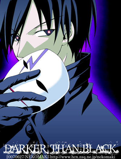 hei (darker than black), darker than black, 00s, 1boy, black eyes, black gloves, black hair, black jacket, gloves, glowing, glowing eyes, jacket, male focus, mask, solo, text focus, unworn mask