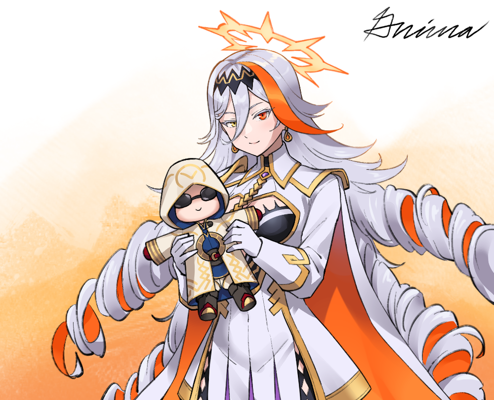 grimaisbestwaifu, baldr (fire emblem heroes), kiran (fire emblem), fire emblem, fire emblem heroes, nintendo, commission, ko-fi commission, 1girl, breasts, character doll, doll, earrings, gloves, halo, heterochromia, jewelry, large breasts, long hair, looking at viewer, multicolored hair, orange hair, orange streaks, red eyes, ringlets, single hair streak, streaked hair, two-tone cape, two-tone hair, white gloves, white hair, yellow eyes