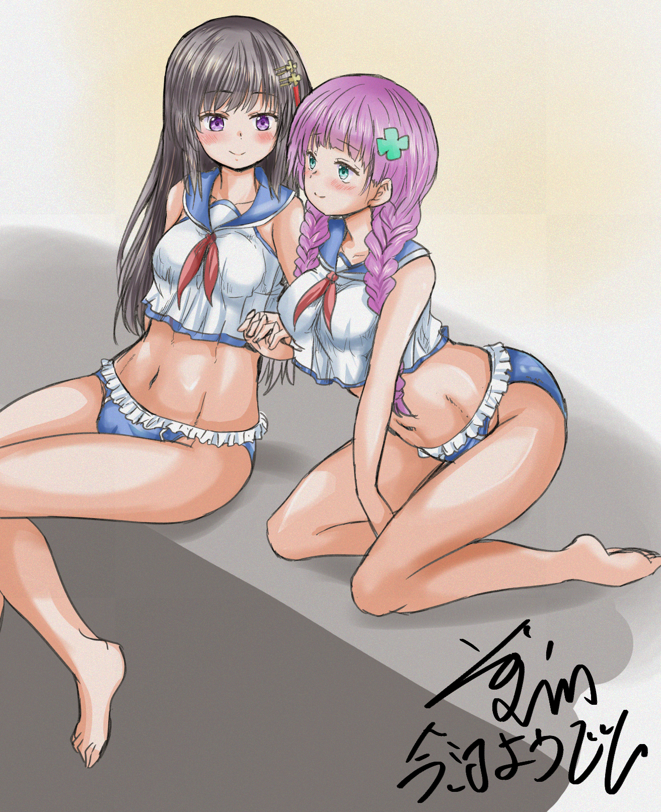 yo-jin, date akari, nikaidou misato, heaven burns red, highres, 2girls, alternate costume, aqua eyes, black hair, braid, clover hair ornament, hair ornament, holding hands, long hair, multicolored hair, multiple girls, purple eyes, purple hair, sidelocks, streaked hair, tassel, tassel hair ornament, twin braids, yuri