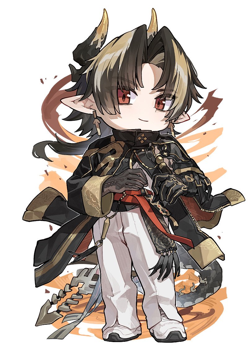 kokukyukeo, chongyue (arknights), arknights, 1boy, arm armor, arm guards, armor, black coat, black gloves, black hair, black hands, black horns, black sash, black tail, blonde hair, chibi, coat, colored extremities, colored skin, curtained hair, dragon boy, earrings, eastern dragon horns, eastern dragon tail, full body, gloves, gold earrings, high collar, horns, jewelry, long bangs, long sleeves, male focus, multicolored coat, multicolored hair, multicolored horns, open clothes, open coat, orange coat, pants, parted bangs, red eyes, red sash, sash, shoes, short hair with long locks, shoulder armor, sleeve zipper, smile, sneakers, solo, standing, tail, tail ornament, tassel, two-sided coat, two-sided fabric, two-tone hair, two-tone horns, white background, white pants, white shoes, yellow coat, yellow horns