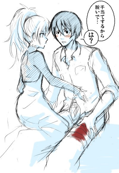 hei (darker than black), yin (darker than black), darker than black, …, 00s, 1boy, 1girl, ?, bandages, blood, blush, dress, injury, long sleeves, monochrome, ponytail, shirt, sitting, spot color, white shirt