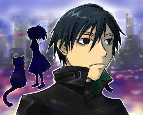 hei (darker than black), mao (darker than black), yin (darker than black), darker than black, 00s, 1boy, 1girl, black cat, black eyes, black hair, black jacket, cat, city, cityscape, jacket, silhouette