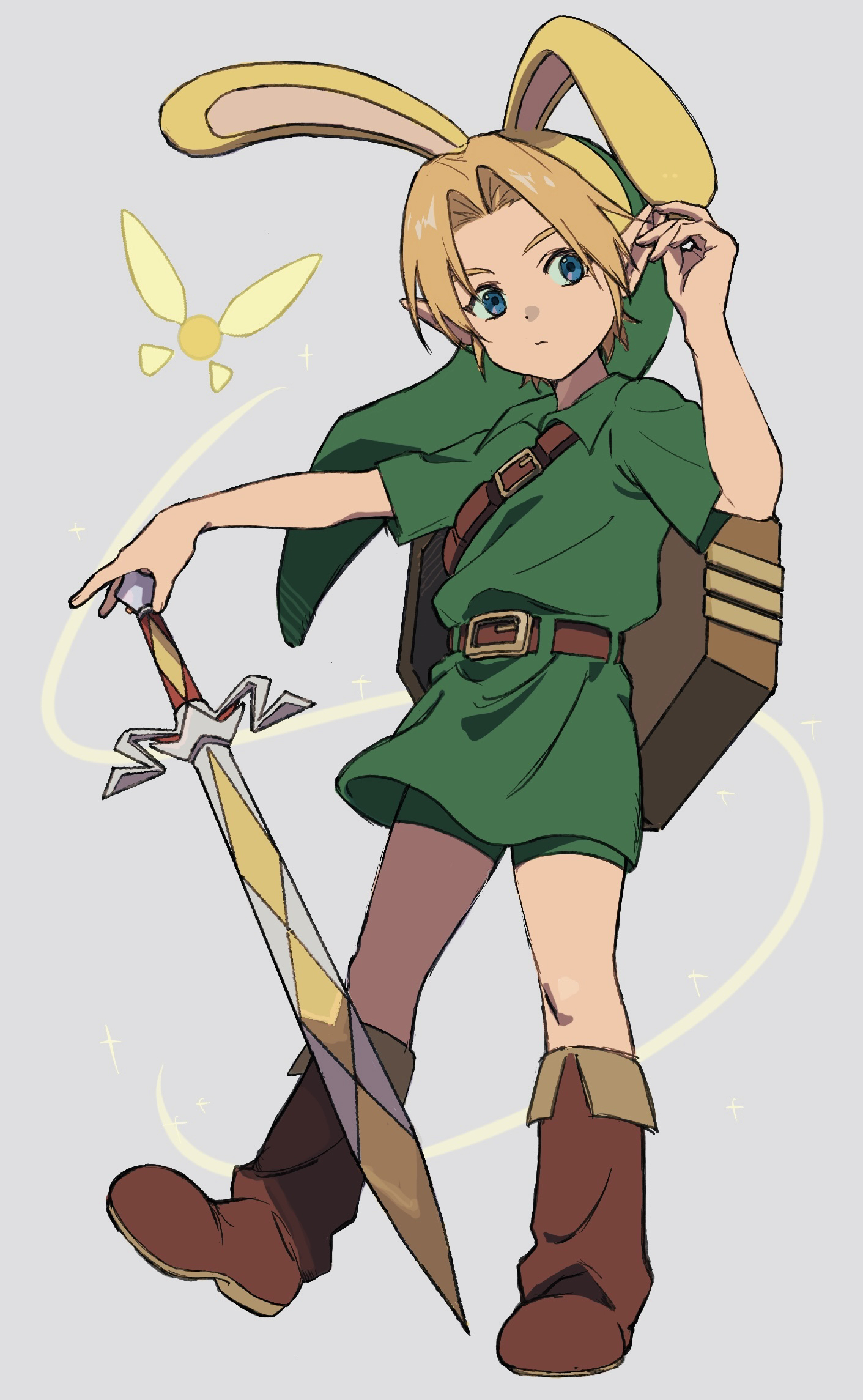 asa8720, link, tatl, young link, nintendo, the legend of zelda, the legend of zelda: majora's mask, commentary request, highres, 1boy, blonde hair, blue eyes, boots, bunny hood (zelda), curtained hair, fairy, fingernails, gilded sword (majora's mask), green hat, green tunic, hat, male focus, mirror shield, phrygian cap, pointy ears, shoulder belt, sword, tunic, weapon