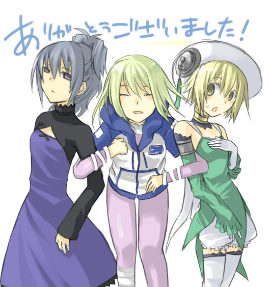 amber (darker than black), atoli, yin (darker than black), .hack//, .hack//g.u., bandai, cyber connect 2, darker than black, 00s, 3girls, blonde hair, bodysuit, choker, crossover, detached sleeves, dress, female focus, fur trim, gloves, green dress, green hair, grey hair, hat, hood, hoodie, long sleeves, multiple girls, ponytail, purple dress, purple eyes, simple background, smile, thighhighs, white background, white gloves