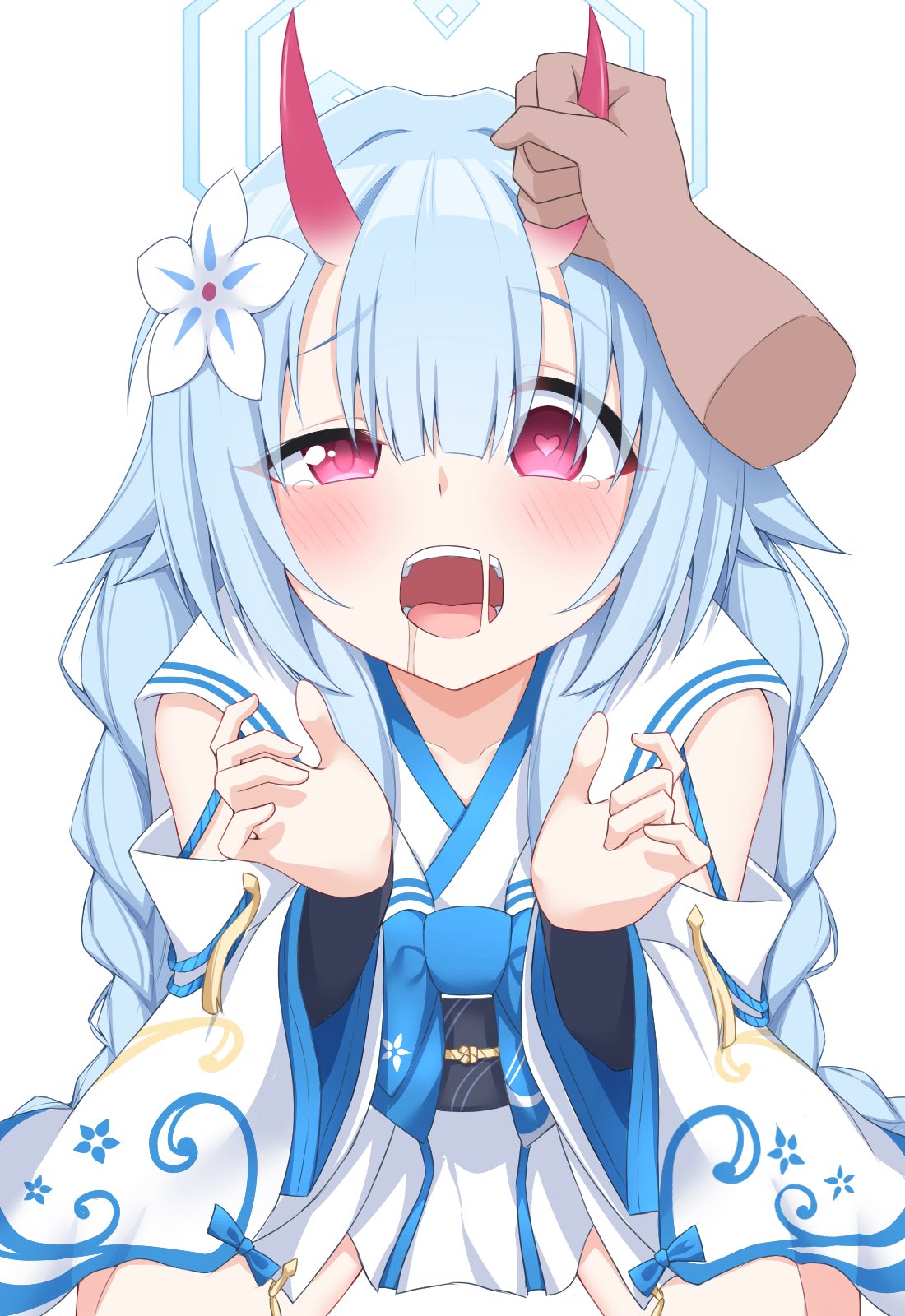yamichi (yamichi8369), chise (blue archive), blue archive, highres, 1boy, 1girl, blue hair, blue halo, blush, braid, detached sleeves, disembodied hand, flower, gradient horns, hair flower, hair ornament, halo, hands up, heart, heart-shaped pupils, holding another's horns, horns, japanese clothes, kimono, long hair, looking at viewer, multicolored horns, oni, open mouth, pink eyes, simple background, symbol-shaped pupils, twin braids, very long hair, white background, white flower, white kimono, white sleeves, wide sleeves
