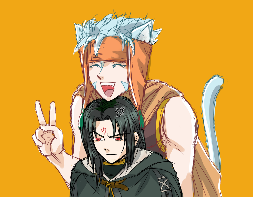 riku sene924205523, ranulf (fire emblem), soren (fire emblem), fire emblem, fire emblem: path of radiance, nintendo, commentary, english commentary, 2boys, anger vein, animal ears, black hair, blue hair, cat boy, cat ears, closed eyes, facial mark, forehead mark, headdress, male focus, multiple boys, open mouth, orange background, red eyes, short hair, simple background, tail, v