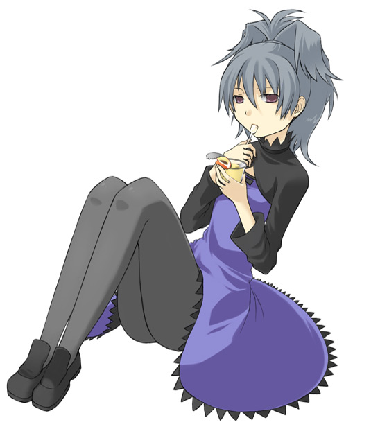 yin (darker than black), darker than black, 00s, 1girl, black shoes, dress, eating, female focus, food, grey hair, long sleeves, maroon eyes, pantyhose, ponytail, purple dress, shoes, simple background, sitting, solo, spoon, white background
