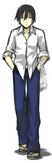 hei (darker than black), darker than black, 00s, 1boy, bag, black eyes, black hair, denim, full body, grocery bag, hands in pockets, jeans, male focus, pants, sandals, shirt, shopping bag, simple background, solo, walking, white background, white shirt