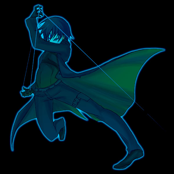 hei (darker than black), darker than black, 00s, 1boy, belt, black background, black gloves, black hair, black jacket, black pants, black shoes, fighting stance, gloves, glowing, jacket, male focus, mask, pants, shoes, simple background, solo, wire