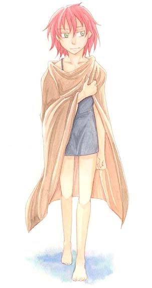 havoc (darker than black), darker than black, 00s, 1girl, barefoot, blanket, dress, female focus, full body, green eyes, red hair, short dress, simple background, solo, walking