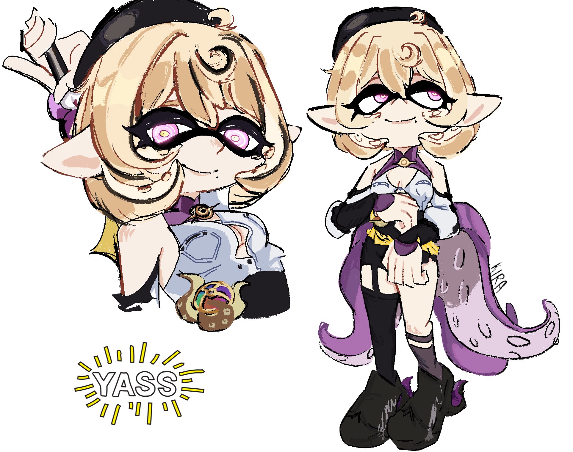 yidhari (zenless zone zero), nintendo, splatoon (series), zenless zone zero, highres, 1girl, asymmetrical legwear, bare shoulders, black shoes, black socks, black thighhighs, blonde hair, cleavage cutout, clothing cutout, garter straps, inkling, kira (kirasylum), long sleeves, looking at viewer, mole, mole under mouth, multiple views, pink eyes, shoes, short hair, shoulder cutout, simple background, single sock, single thighhigh, smile, socks, thighhighs, thighs, upper body, white background, yellow pupils
