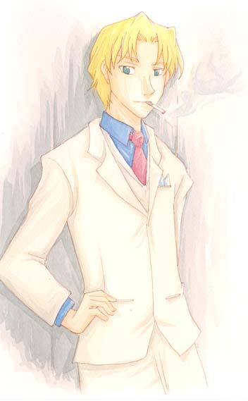november 11 (darker than black), darker than black, 00s, 1boy, blonde hair, blue eyes, blue shirt, cigarette, formal clothes, hand on own hip, hip focus, male focus, necktie, pants, red necktie, shirt, smoking, solo, standing, suit, white pants, white suit