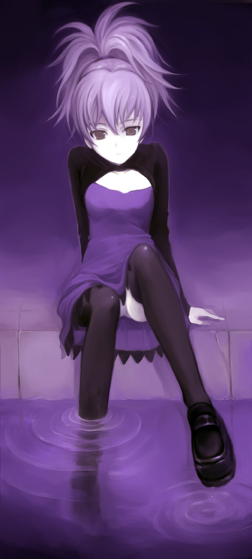 40010prototype, yin (darker than black), darker than black, 00s, 1girl, female focus, pale skin, panties, purple hair, purple skirt, skirt, solo, thighhighs, underwear, water