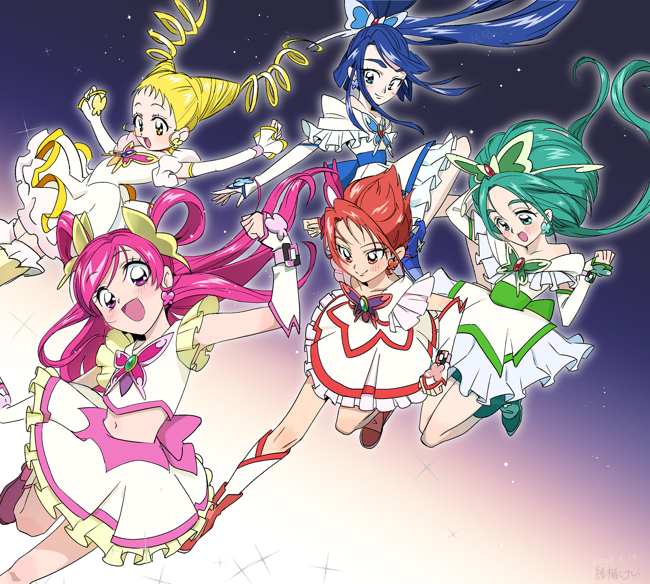 kei (wa shoi), akimoto komachi, cure aqua, cure dream, cure lemonade, cure mint, cure rouge, kasugano urara (yes! precure 5), minazuki karen, natsuki rin, yumehara nozomi, precure, yes! precure 5, highres, 5girls, :d, blonde hair, blue eyes, blue hair, brooch, butterfly brooch, butterfly earrings, butterfly hair ornament, cone hair bun, dress, drill hair, earrings, falling, frilled dress, frilled skirt, frilled sleeves, frills, gloves, gradient background, green eyes, green hair, hair bun, hair ornament, hair rings, jewelry, long hair, looking at viewer, looking down, magical girl, midriff, multiple girls, open mouth, pink hair, pinky catch, ponytail, purple eyes, red eyes, red hair, short hair, skirt, smile, star (sky), twintails, white dress, wide ponytail, yellow eyes
