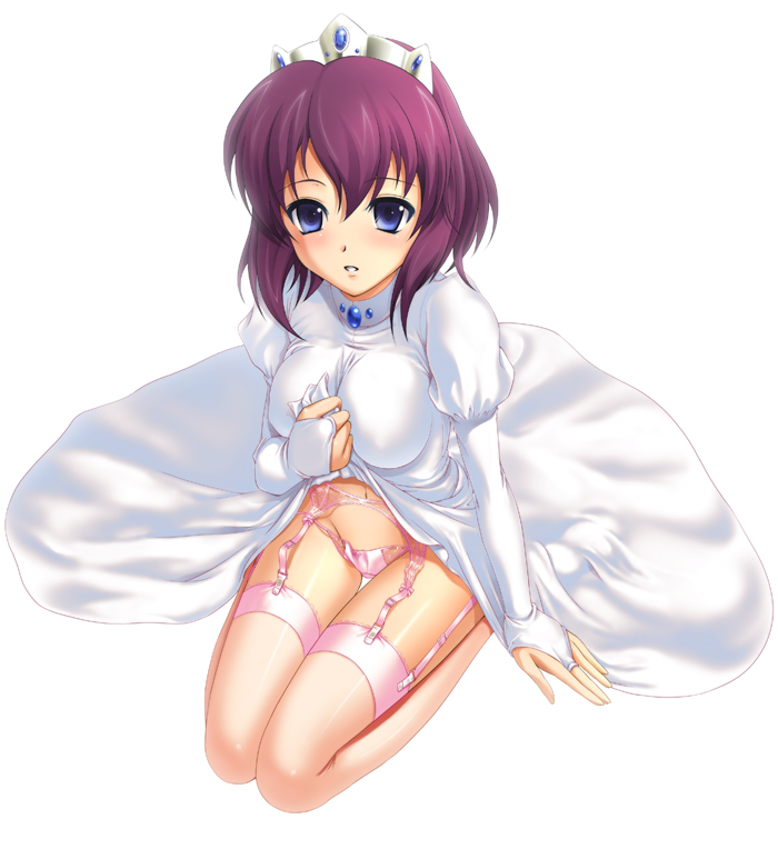 40010prototype, henrietta de tristain, zero no tsukaima, 00s, 1girl, blue eyes, clothes lift, dress, dress lift, female focus, garter belt, gown, lingerie, panties, pink panties, princess, purple hair, simple background, skirt, skirt lift, solo, suspenders, thighhighs, underwear, white background