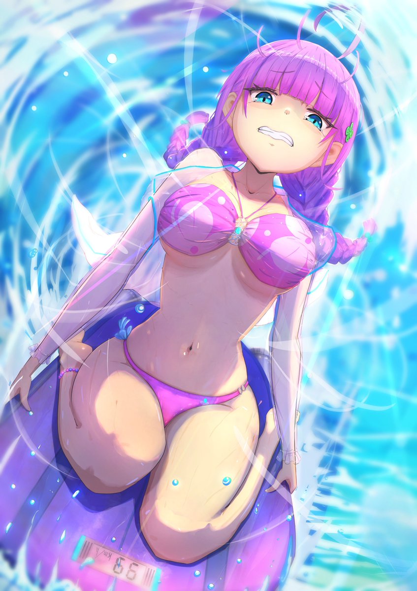 psy (artist), date akari, heaven burns red, highres, 1girl, ahoge, bikini, braid, collarbone, hair ornament, long hair, multicolored hair, navel, purple bikini, purple hair, solo, swimsuit