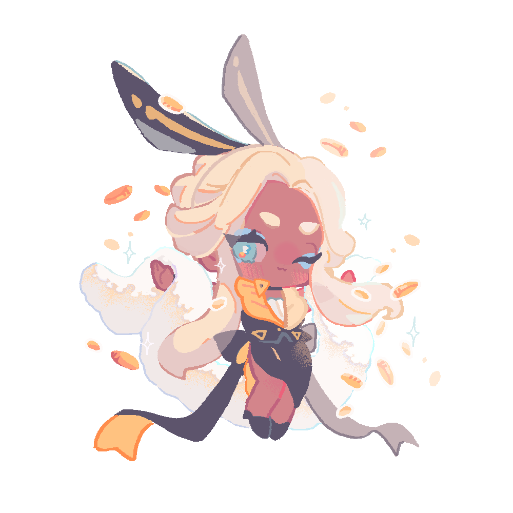 reed, mozzarella cookie, cookie run, cookie run: kingdom, commentary, symbol-only commentary, 1girl, ;3, alternate costume, alternate hairstyle, animal ears, black shoes, black skirt, black vest, blonde hair, blue eyes, blue eyeshadow, bright pupils, chibi, chibi only, closed mouth, coin, curtained hair, dark-skinned female, dark skin, eyeshadow, fake animal ears, full body, gold coin, half updo, hand up, high heels, humanization, leotard, looking at viewer, makeup, medium skirt, one eye closed, playboy bunny, rabbit ears, shoes, short hair with long locks, side slit, simple background, skirt, vest, white background, white pupils