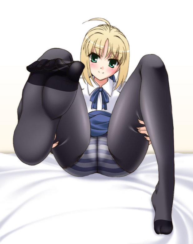 akaza, narutaki shin, artoria pendragon (fate), saber (fate), fate/stay night, fate (series), 00s, 1girl, ahoge, aqua eyes, black pantyhose, blonde hair, blouse, blush, crotch seam, feet, female focus, foot focus, happy, panties, panties under pantyhose, pantyhose, shirt, short hair, smile, soles, solo, striped clothes, striped panties, toes, underwear