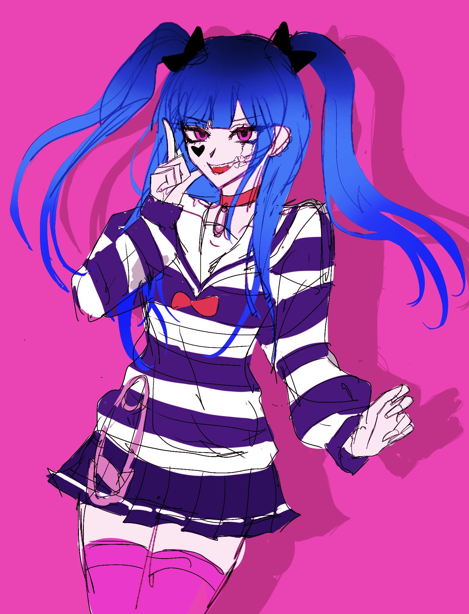 amemiya darumi, the hundred line -last defense academy-, 1girl, black bow, black skirt, blue hair, bow, collar, hand up, looking at viewer, pink background, pink thighhighs, pleated skirt, red bow, red collar, safety pin, shirt, skirt, striped clothes, striped shirt, thighhighs, twintails, upper body