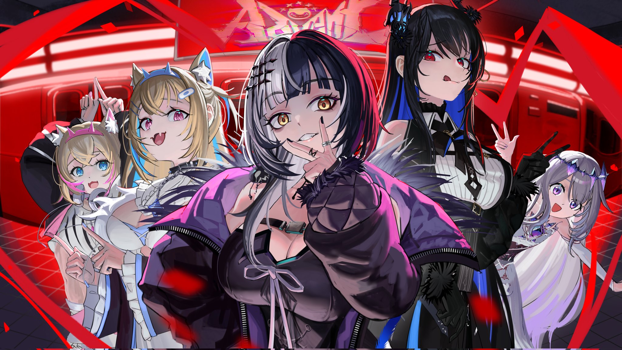 massiveyog, fuwawa abyssgard, koseki bijou, mococo abyssgard, nerissa ravencroft, shiori novella, holoadvent, hololive, hololive english, highres, 5girls, animal ears, asymmetrical horns, black hair, blonde hair, blue hair, colored inner hair, demon horns, dog ears, dog girl, grey hair, hair ornament, horns, long hair, multicolored hair, multiple girls, pink hair, siblings, sisters, split-color hair, streaked hair, twins, virtual youtuber