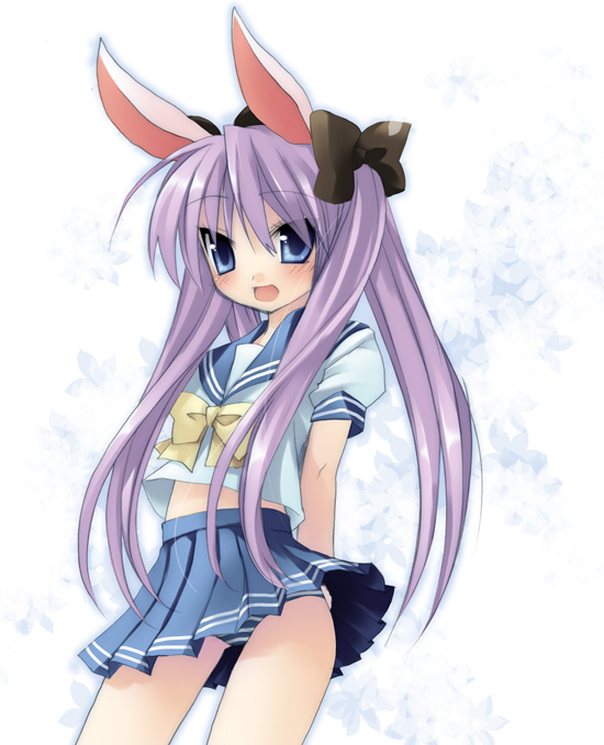 sazaki ichiri, hiiragi kagami, lucky star, 00s, animal ears, panties, rabbit ears, school uniform, serafuku, solo, striped clothes, striped panties, underwear