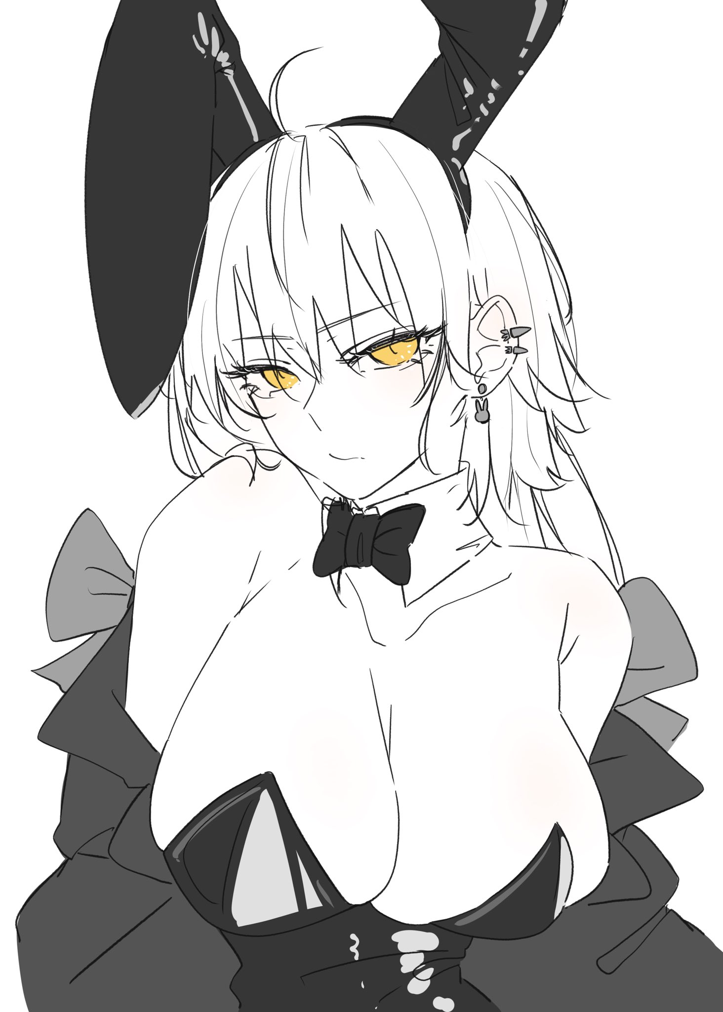ri o ne su, jeanne d'arc alter (fate), fate/grand order, fate (series), highres, 1girl, ahoge, alternate breast size (larger), animal ears, bare shoulders, black bow, black bowtie, black jacket, black leotard, bow, bowtie, breasts, bunny day, cleavage, collarbone, detached collar, fake animal ears, huge breasts, jacket, leotard, long hair, off shoulder, pale skin, playboy bunny, rabbit ears, simple background, solo, white background, white hair, yellow eyes