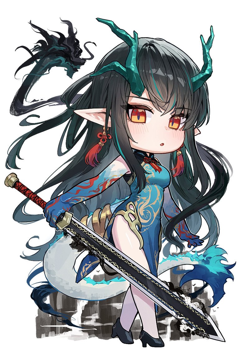 kokukyukeo, dusk (arknights), arknights, 1girl, :o, aqua dress, aqua tail, black dragon, black hair, black shoes, blue hands, chibi, china dress, chinese clothes, chinese knot, colored extremities, colored skin, dress, earrings, eastern dragon horns, eastern dragon tail, full body, green horns, green streaks, hair around horn, high heels, highleg, highleg dress, holding, holding sword, holding weapon, horns, jewelry, long hair, long sidelocks, mandarin collar, multicolored eyes, pointy ears, red eyes, shoes, sidelocks, sleeveless, sleeveless dress, slit pupils, solo, sword, tassel, tassel earrings, two-tone eyes, two-tone tail, very long hair, walking, weapon, white background, white tail, yellow eyes