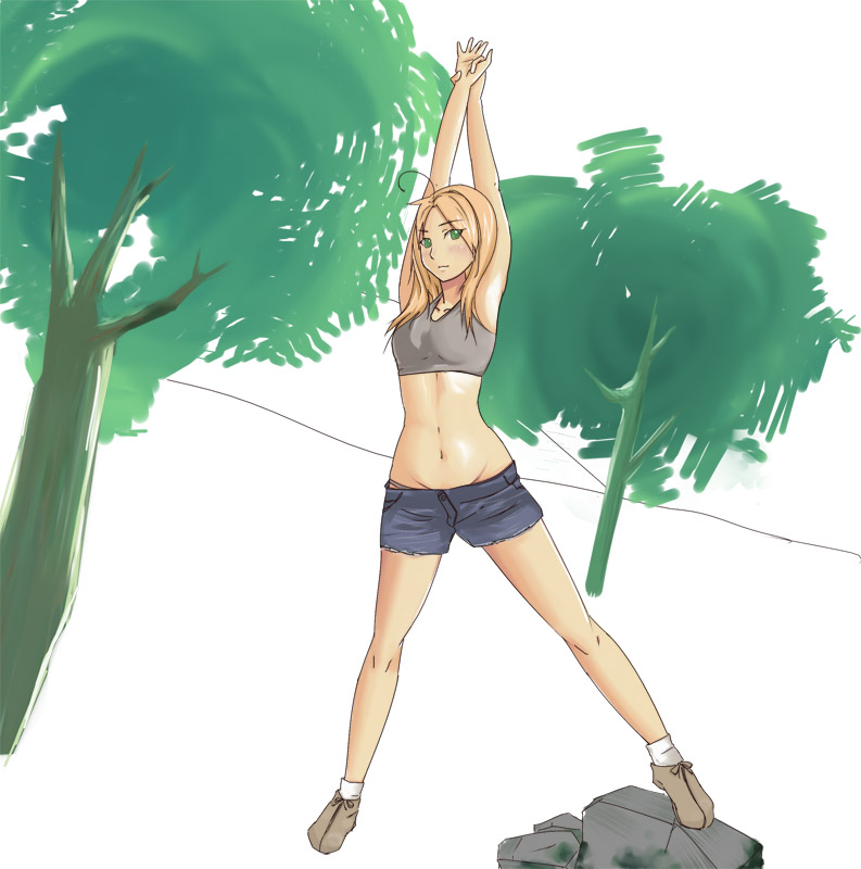 yu (artist), artoria pendragon (fate), saber (fate), fate/stay night, fate (series), 00s, alternate costume, blonde hair, denim, denim shorts, midriff, shorts, solo