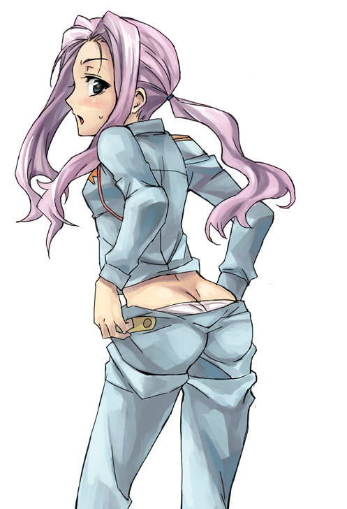 kno1, darry adai, tengen toppa gurren lagann, 00s, 1girl, ass, blush, butt crack, female focus, green eyes, long hair, looking back, lowleg, lowleg panties, open mouth, panties, pink hair, ponytail, purple hair, solo, sweat, sweatdrop, underwear, undressing, white panties