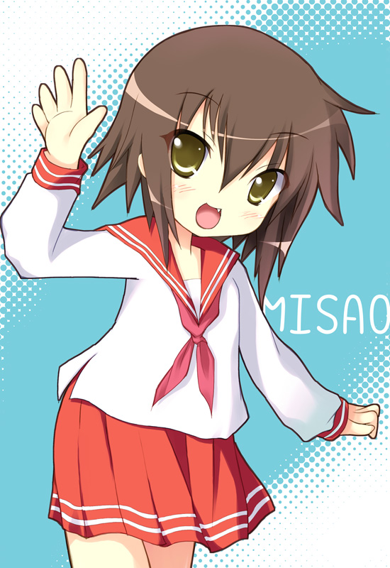 safi, kusakabe misao, lucky star, 00s, 1girl, brown eyes, brown hair, fang, female focus, open mouth, ryouou school uniform, school uniform, serafuku, solo