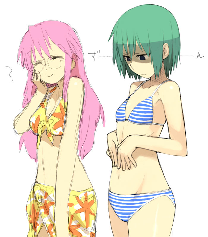 yu 65026, iwasaki minami, takara miyuki, lucky star, 00s, 2girls, bikini, breast envy, closed eyes, flat chest, floral print, flower, glasses, green hair, hip focus, multiple girls, navel, pink hair, sarong, sketch, smile, striped bikini, striped clothes, summer, swimsuit