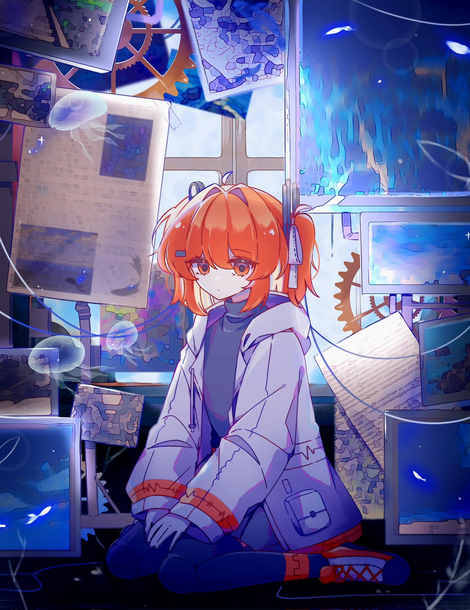 mei (meiday mise), adachi rei, a.i. voice, utau, highres, 1girl, full body, hair intakes, hands on lap, jacket, jellyfish, long sleeves, looking at viewer, open clothes, open jacket, orange eyes, orange hair, own hands together, sitting, solo, white jacket