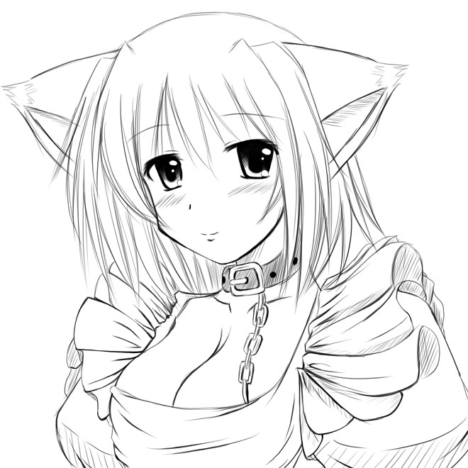 jun (aoerm), tagme, animal ears, cat ears, collar, looking at viewer, monochrome, sketch