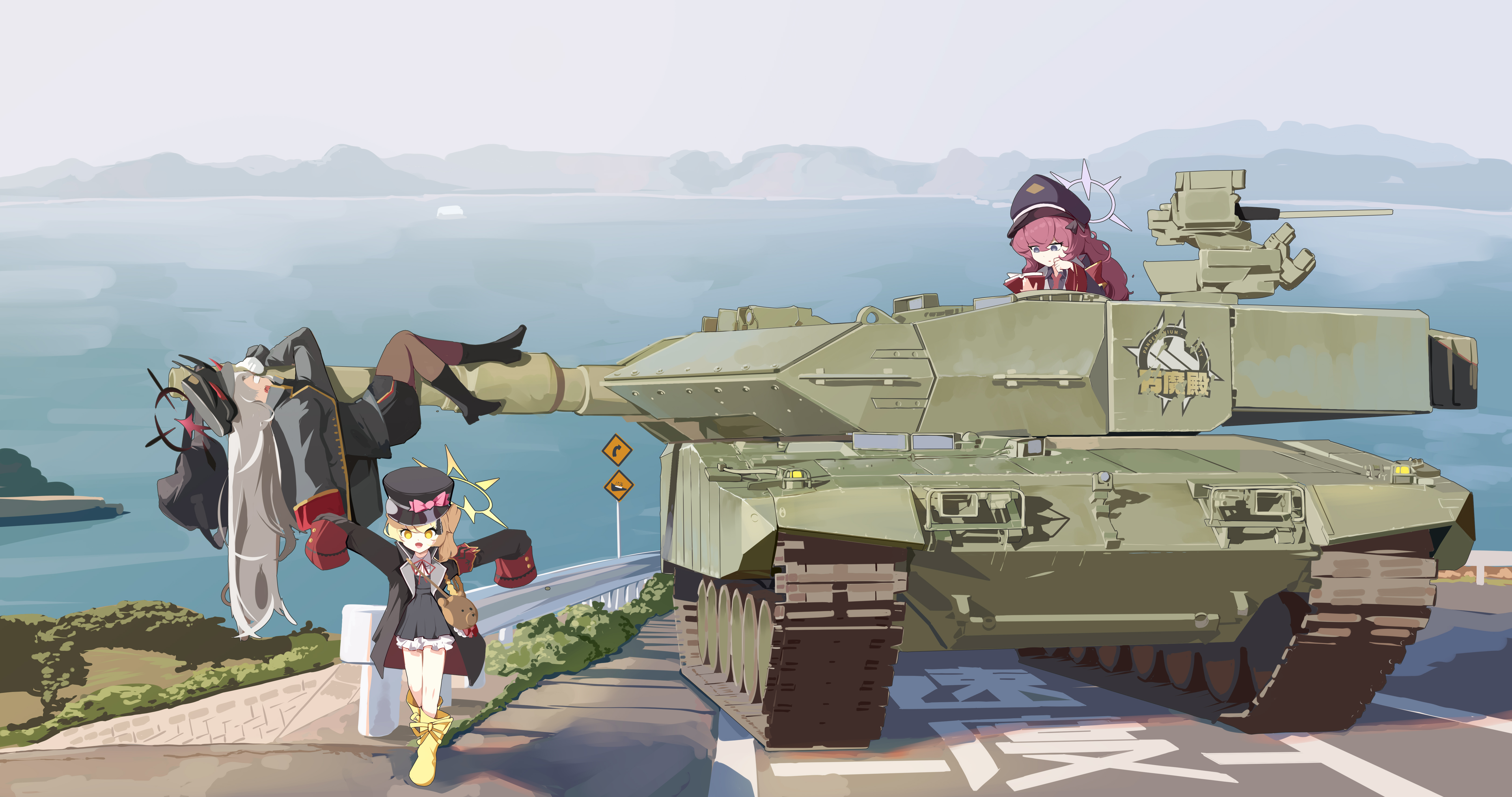 xg epee, ibuki (blue archive), iroha (blue archive), leopard 2, makoto (blue archive), blue archive, fluffy hair, absurdres, commentary, highres, 3girls, armband, black boots, black halo, black hat, black horns, black shirt, black shoes, black skirt, blonde hair, book, boots, brown pantyhose, caterpillar tracks, curved horns, day, demon horns, full body, grey eyes, grey hair, gun, halo, hanging, hat, holding, holding book, horns, long hair, long sleeves, loose necktie, machine gun, military, military hat, military vehicle, miniskirt, motor vehicle, multicolored horns, multiple girls, multiple horns, necktie, ocean, open mouth, outdoors, pandemonium society logo, pantyhose, peaked cap, purple halo, red armband, red hair, red necktie, shirt, shoes, sign, skirt, sleeves past fingers, sleeves past wrists, smile, tank, tank turret, upper body, walking, weapon, yellow boots, yellow eyes, yellow halo
