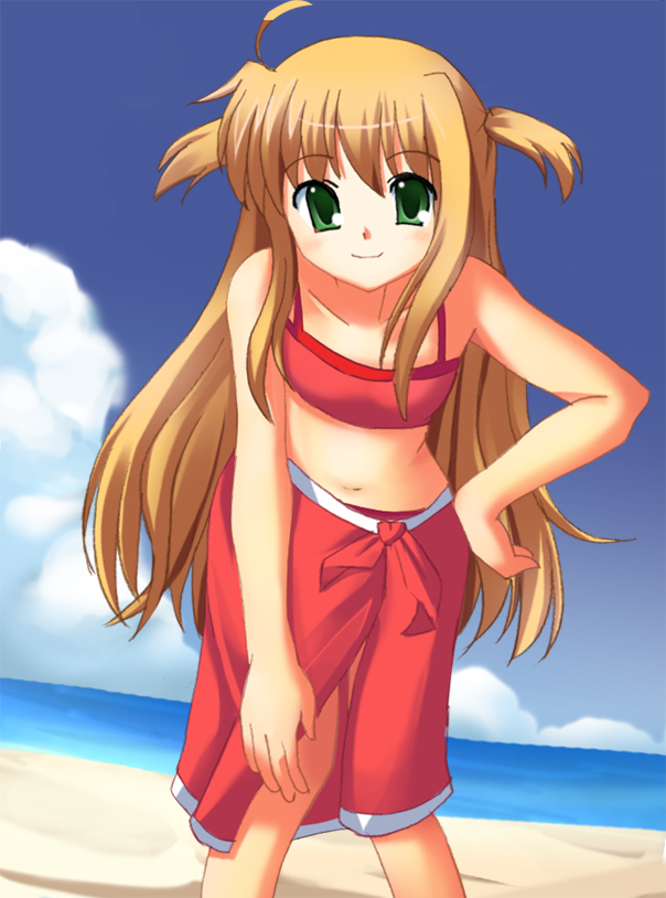 arisa bunnings, lyrical nanoha, mahou shoujo lyrical nanoha, 00s, 1girl, beach, blonde hair, blush, day, female focus, green eyes, long hair, navel, ocean, outdoors, sand, sky, smile, solo, swimsuit