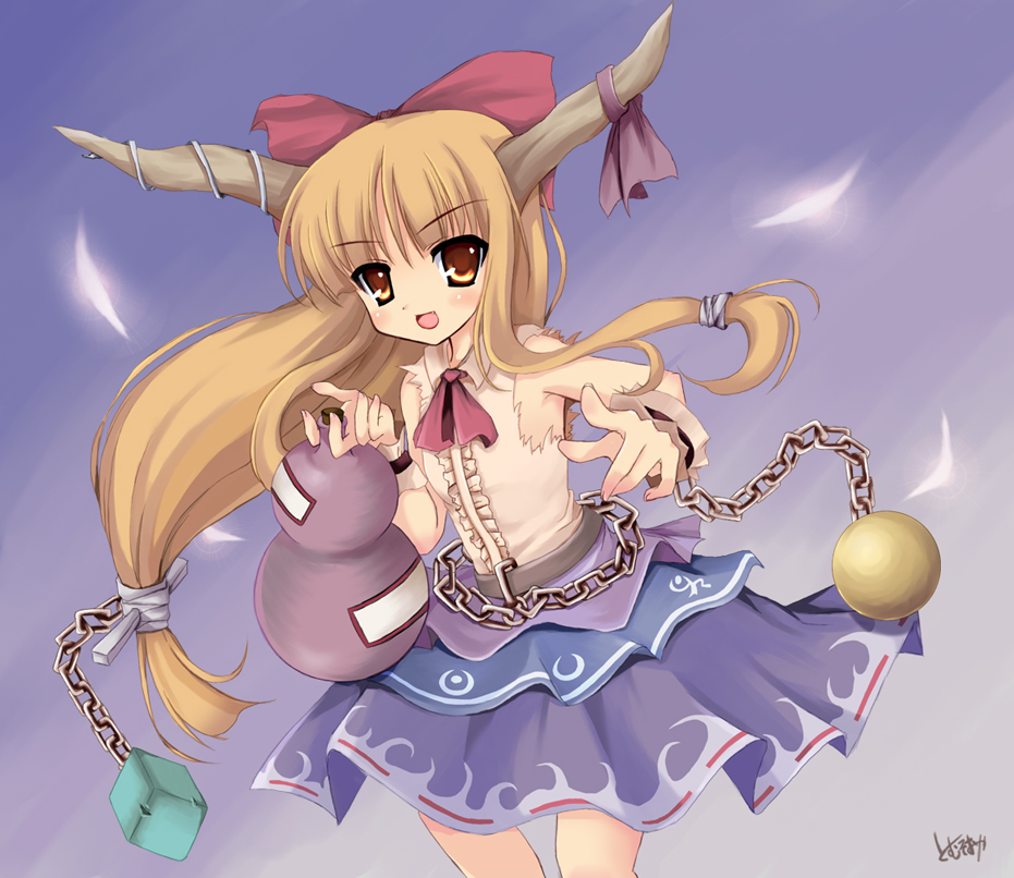 tomusooya, ibuki suika, touhou, 1girl, :d, bad anatomy, bare shoulders, blonde hair, blue skirt, bottle, bow, bowtie, chain, cowboy shot, cuffs, female focus, gourd, hair bow, holding hands, horns, long hair, low-tied long hair, ofuda, oni, open mouth, red bow, red bowtie, shackles, shirt, skirt, sleeveless, sleeveless shirt, smile, solo, white shirt, yellow eyes