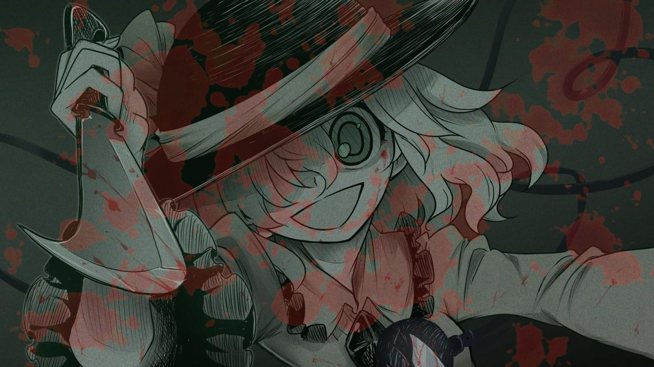 joyfull (terrace), komeiji koishi, touhou, urban legend in limbo, aiming, aiming at viewer, blood, blood splatter, blood stain, bloody knife, crazy eyes, crazy smile, frilled shirt collar, frills, hair over one eye, hand up, holding, holding knife, knife, long sleeves, looking at viewer, monochrome, muisiki rekuiemu, smile, spot color, yandere