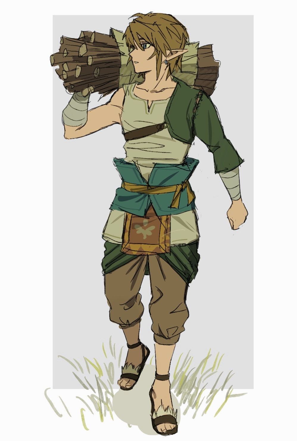 asa8720, link, nintendo, the legend of zelda, the legend of zelda: twilight princess, commentary request, highres, 1boy, blonde hair, border, brown pants, carrying, collarbone, facing viewer, full body, grass, grey background, looking to the side, male focus, outside border, pants, parted lips, pointy ears, sandals, solo, walking, white border