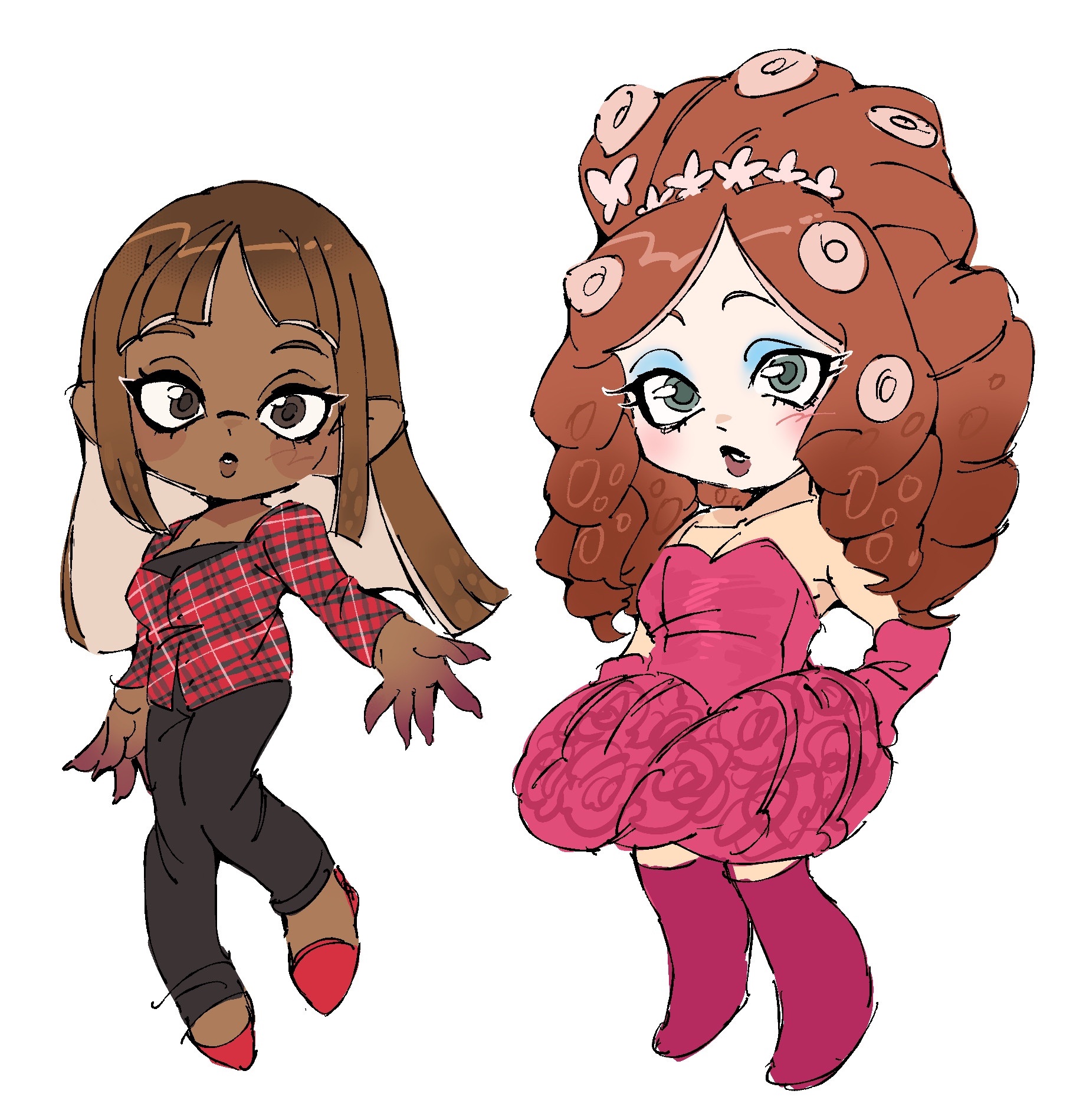 tokimekiwaku, chappell roan, pinkpantheress, nintendo, real life, splatoon (series), highres, 2girls, black pants, blue eyeshadow, blush (makeup), boots, brown eyes, brown hair, bubble skirt, chappell roan (person), curly hair, dark-skinned female, dark skin, dress, eyeshadow, gloves, green eyes, layered clothes, long hair, makeup, multiple girls, pants, pink boots, pink dress, pink gloves, plaid clothes, plaid shirt, red hair, red shirt, red shoes, shirt, shoes, simple background, skirt, strapless, strapless dress, white background