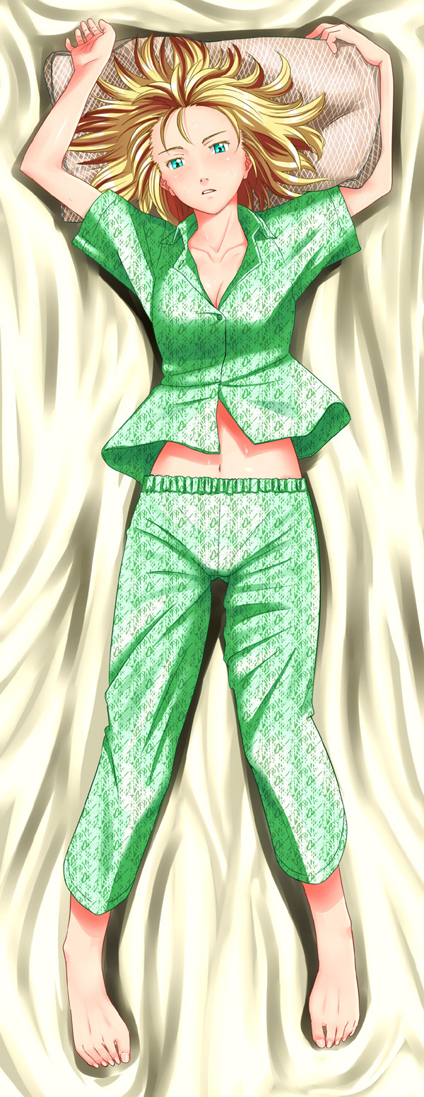 nazo kichi, artoria pendragon (fate), saber (fate), fate/stay night, fate (series), highres, 00s, alternate costume, barefoot, blonde hair, feet, midriff, pajamas, solo