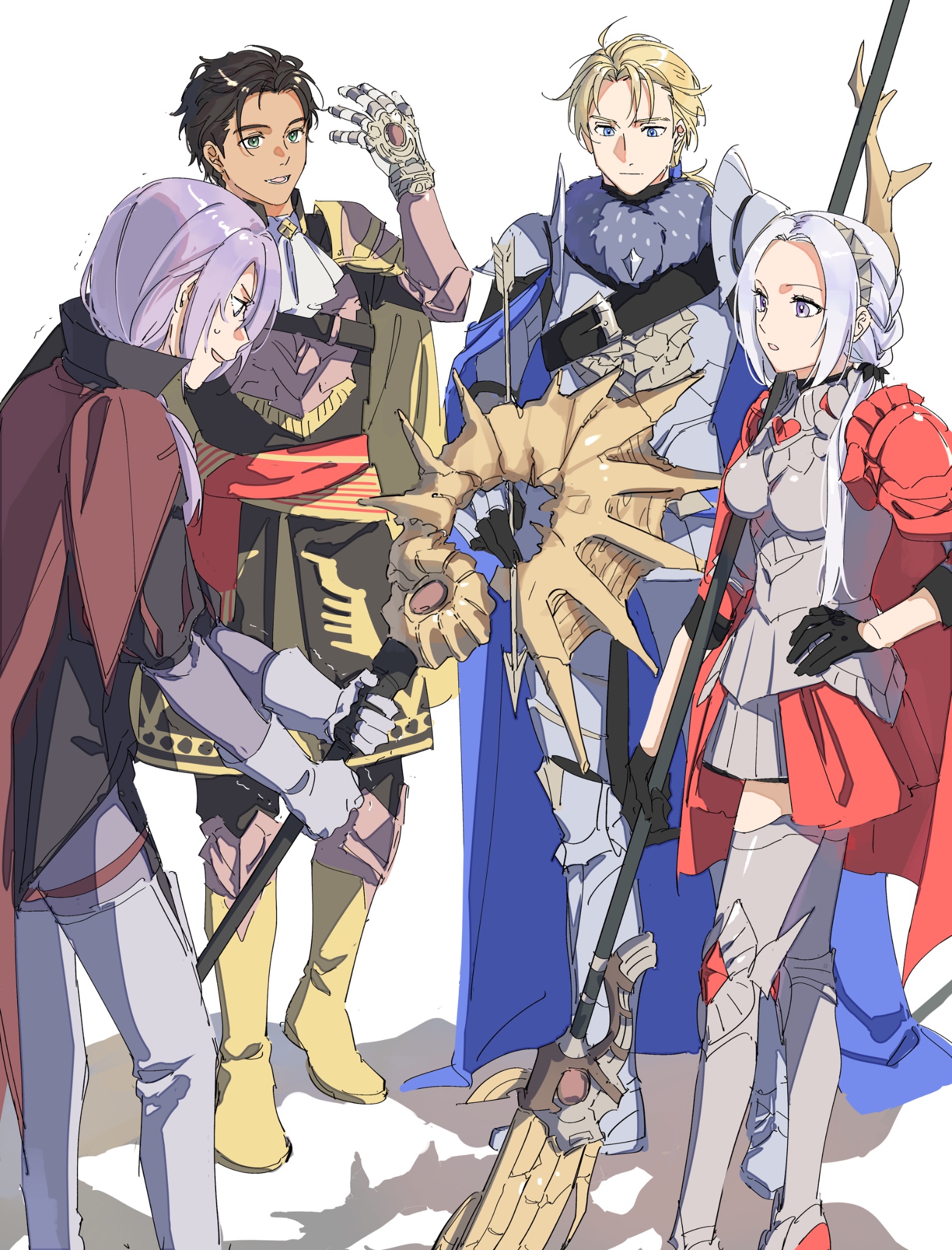 nanao parakeet, claude von riegan, dimitri alexandre blaiddyd, edelgard von hresvelg, yuri leclerc, fire emblem, fire emblem: three houses, fire emblem warriors: three hopes, nintendo, highres, 1girl, 3boys, armor, arrow (projectile), axe, blue eyes, boobplate, bow (weapon), breastplate, cape, dark-skinned male, dark skin, gloves, green eyes, grey gloves, grey hair, hand on own hip, holding, holding axe, holding bow (weapon), holding polearm, holding weapon, long hair, multiple boys, official alternate costume, official alternate hairstyle, polearm, purple hair, red cape, short hair, simple background, spear, weapon, white background