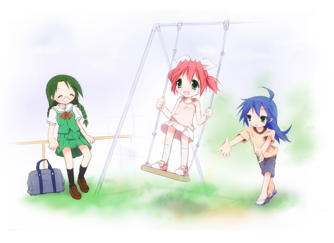 kuroba u, izumi konata, kobayakawa yutaka, narumi yui, lucky star, swinging, 00s, 3girls, :3, :d, ^ ^, aged down, ahoge, bad anatomy, bag, blue hair, bow, braid, closed eyes, cousins, dress, flip-flops, glasses, green eyes, green hair, hair bow, multiple girls, on swing, open mouth, pink hair, poorly drawn, sandals, school bag, school uniform, serafuku, shoes, short sleeves, shorts, siblings, sisters, smile, socks, standing, standing on swing, swing, swinging on swing, twin braids, twintails