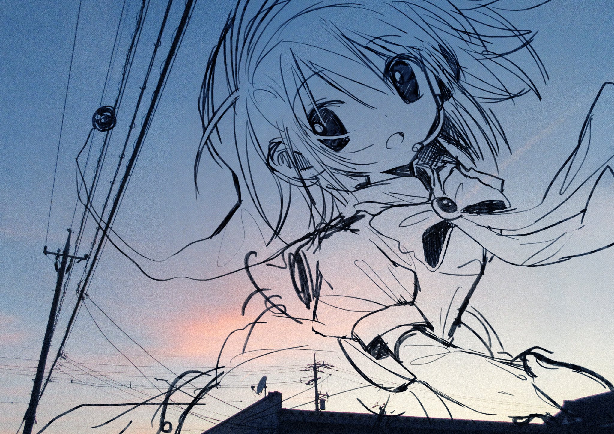 pepeppepe101, original, highres, 1girl, hat, headset, jester cap, lineart, looking at viewer, open mouth, outdoors, photo background, power lines, short hair, short sleeves, solo, upper body