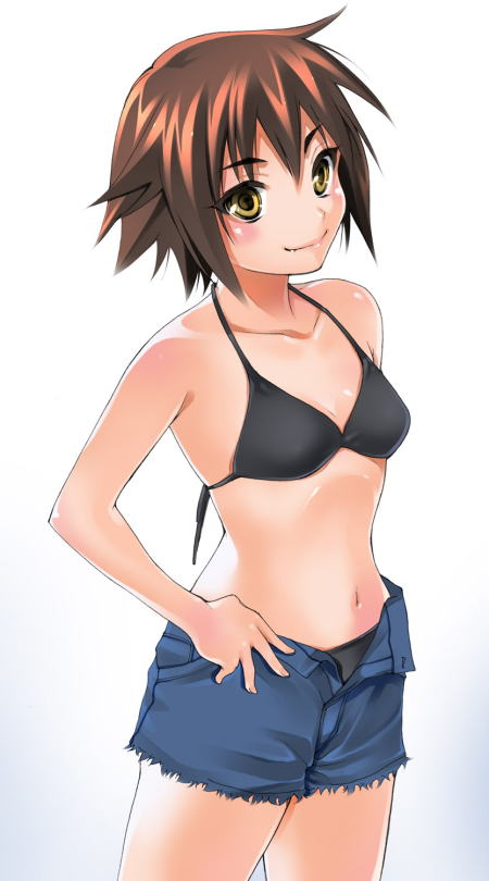 azu, kusakabe misao, lucky star, 00s, 1girl, bikini, bikini top only, bikini under clothes, black bikini, brown hair, denim, denim shorts, female focus, open clothes, open fly, open shorts, short hair, shorts, solo, swimsuit, swimsuit under clothes, tieback, unzipped