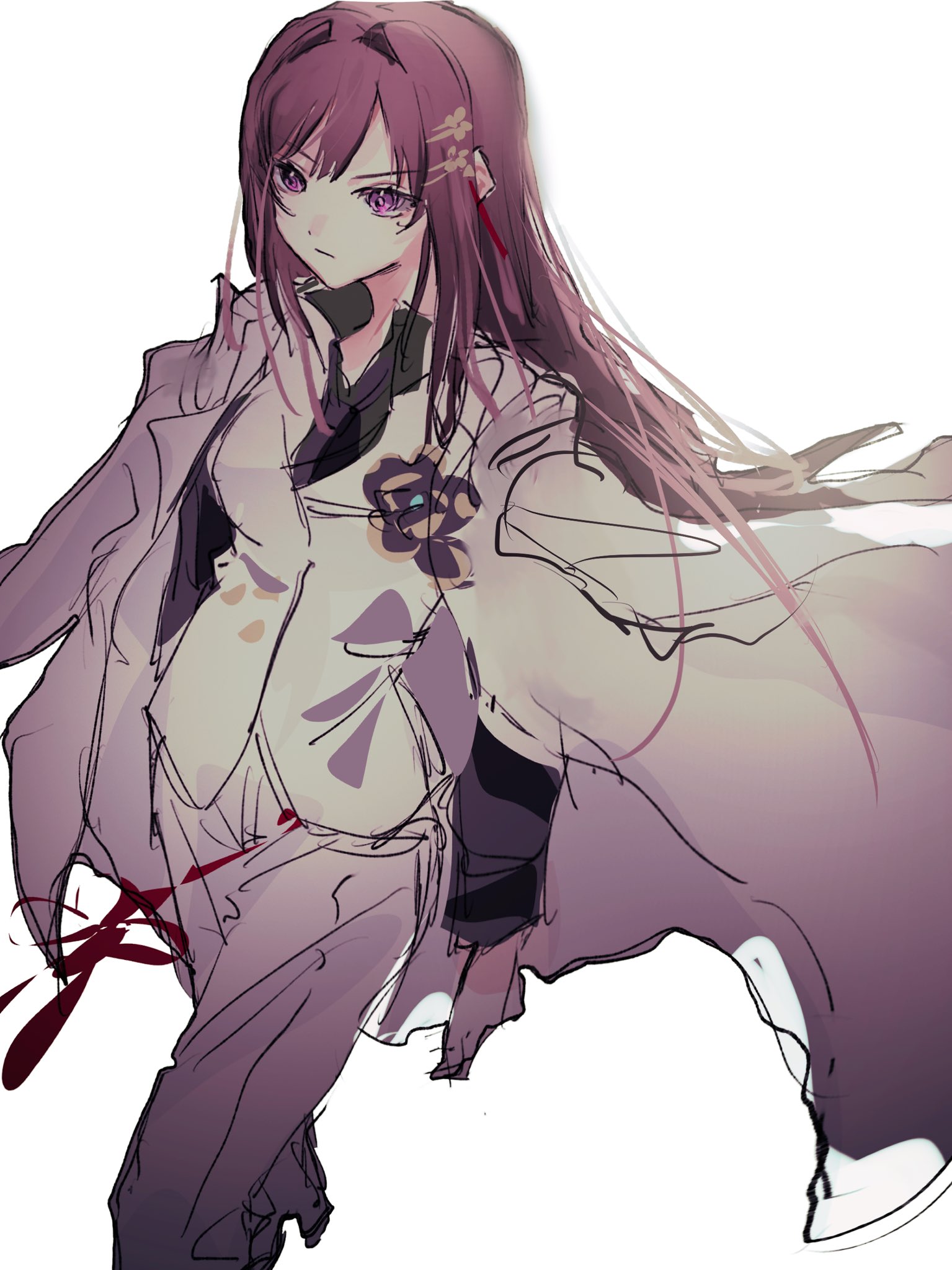 mts dsk, nikaidou misato, heaven burns red, highres, 1girl, black hair, blazer, clothes on shoulders, hair ornament, jacket, long hair, official alternate costume, purple eyes, sidelocks, solo, tassel, tassel hair ornament