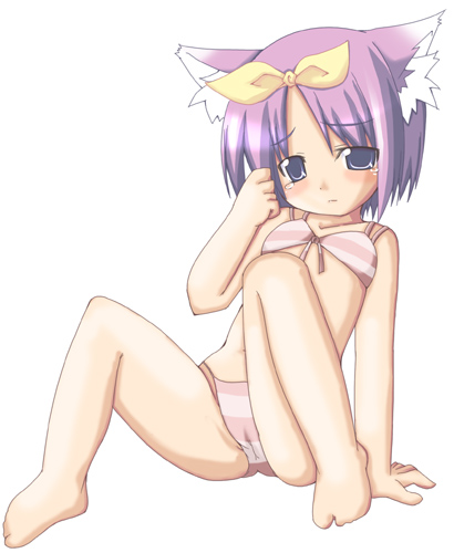 yuuno (artist), yuuno takanari, hiiragi tsukasa, lucky star, lowres, 00s, 1girl, animal ears, bikini, cameltoe, cat ears, female focus, loli, solo, striped bikini, striped clothes, swimsuit, white bikini