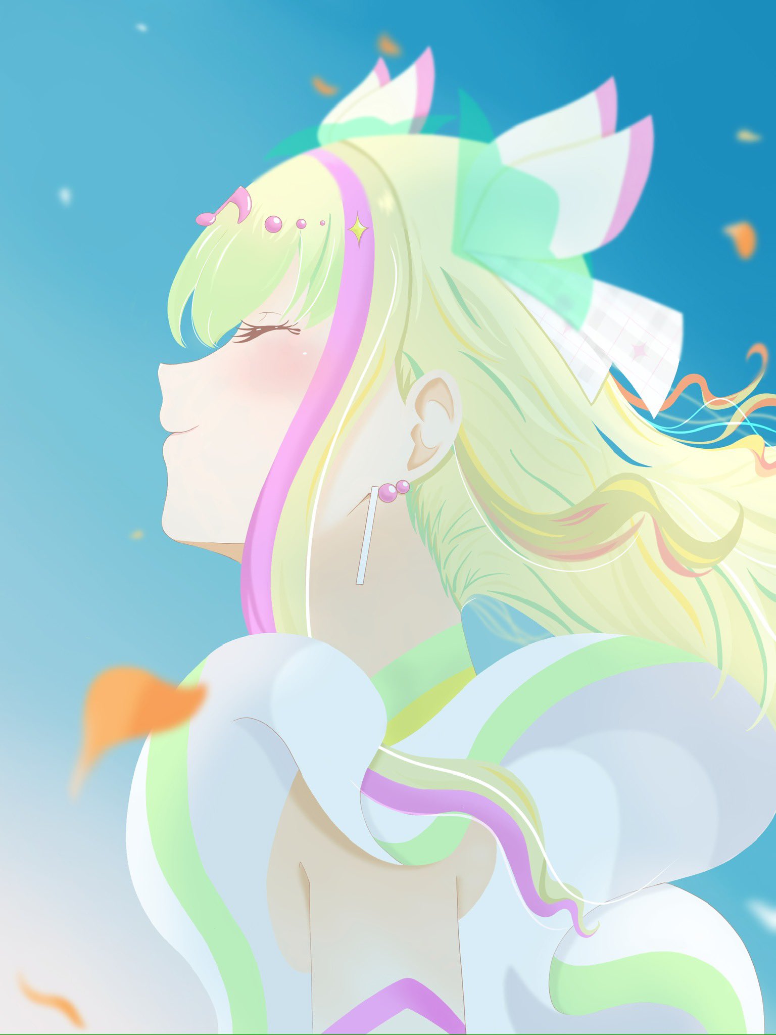 cure zukyuun, purirun (precure), kimi to idol precure, precure, highres, 1girl, ^ ^, autumn leaves, bare shoulders, beads, blonde hair, blue sky, bow, circlet, closed eyes, closed mouth, day, detached sleeves, dress, earrings, eyelashes, floating hair, fortissimo, frilled dress, frills, from side, hair beads, hair bow, hair ornament, hair ribbon, happy, jewelry, leaf, light blush, light particles, long hair, magical girl, mai (syumiyamy), multicolored hair, musical note, musical note hair ornament, outdoors, plaid ribbon, pointy nose, ribbon, sidelocks, sky, sleeveless, sleeveless dress, smile, solo, sphere earrings, streaked hair, upper body, white bow, white dress, white ribbon, wind