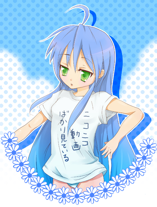 asano miu, izumi konata, lucky star, niconico, translated, 00s, 1girl, ahoge, cloud, female focus, flower, green eyes, panties, polka dot, polka dot background, solo, underwear